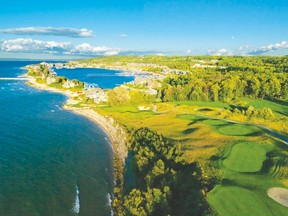 An aerial photo of the par-3 4th hole of the Links course at Bay Harbor Golf Club in Northern Michigan.