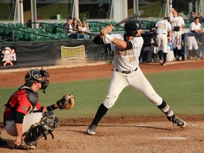 Edmonton Prospects hitter Nick Spillman, shown here July 15 against Yorkton at the former Telus Field, hit three for five Tuesday night but was left stranded on base each time. (Katt Adachi)