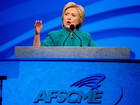 Democratic presidential candidate Hillary Clinton speaks at the American Federation of State, County and Municipal Employees 42nd International Convention at the Las Vegas Convention Center in Las Vegas, Tuesday, July 19, 2016. (AP Photo/Andrew Harnik)