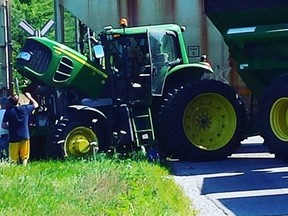 Right near the iconic Lawson Bush, a tractor failed to stop at a railway crossing on Front Road. The end result was a collision between a train and tractor.(Huron Expositor/Shaun Gregory-cellphone)