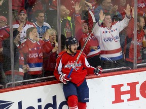 Washington Capitals center Marcus Johansson celebrates his goal against the Pittsburgh Penguins during the third period of Game 2 in an NHL hockey Stanley Cup Eastern Conference semifinals Saturday, April 30, 2016 in Washington. Pittsburgh won 2-1. (AP Photo/Pablo Martinez Monsivais)
