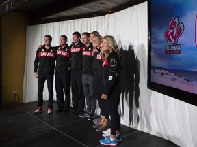 Members of the four teams to represent Canada in Beach Volleyball at the Rio 2016 Olympic Games (left to right Sam Schachter, Josh Binstock, Ben Saxton, Chaim Schalk, Kristina Valjas, Jamie Broder, Sarah Pavan and Heather Bansley) are pictured at the Canadian Olympic Committee's press availability for the athletes held in a Toronto restaurant on Wednesday July 20, 2016 . (THE CANADIAN PRESS/Chris Young)
