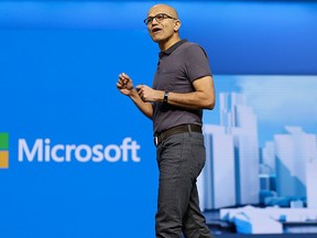 Microsoft CEO Satya Nadella delivers the keynote address at the Microsoft Build Conference, Wednesday, March 30, 2016, in San Francisco. (AP Photo/Eric Risberg)
