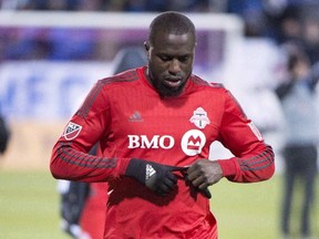 Toronto FC forward Jozy Altidore leaves the pitch after losing 3-0 to the Montreal Impact in a Major League Soccer playoff game in Montreal on Oct. 29, 2015. (THE CANADIAN PRESS/Ryan Remiorz)