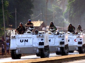 United Nations peacekeepers patrol in the streets of Freetown in 2000.