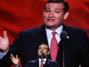 Sen. Ted Cruz (R-TX) delivers a speech on the third day of the Republican National Convention on July 20, 2016 at the Quicken Loans Arena in Cleveland, Ohio. Republican presidential candidate Donald Trump received the number of votes needed to secure the party's nomination. An estimated 50,000 people are expected in Cleveland, including hundreds of protesters and members of the media. The four-day Republican National Convention kicked off on July 18.  (Photo by Chip Somodevilla/Getty Images)