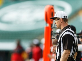 NFL official Alan Eck worked the Eskimos season opener at Commonwealth Stadium as one of four zebras from south of the border taking part in the CFL-NFL official exchange. (Ian Kucerak)