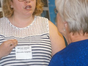 Otter Creek Wind Farm's Alexandra Agagnier talks with Kris Lee during a public meeting regarding the proposed wind farm for north of Wallaceburg. David Gough/Postmedia Network