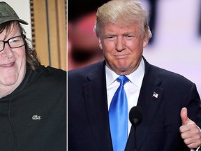 Director Michael Moore, left, and Republican presidential candidate Donald Trump, right, are pictured in these file photos. Moore said during an online edition of HBO's "Real Time with Bill Maher" in July 20, 2016, that he thinks Republican Donald Trump is going to win the upcoming presidential election. (AP File Photos)