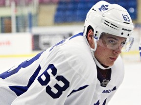 Toronto Maple Leafs first round draft pick Auston Matthews takes part in a drill as the Leafs hold their development camp in Niagara Falls on July 5, 2016.(Aaron Lynett/The Canadian Press)