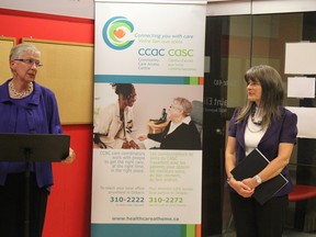 South East Local Health Integration Network board member Maribeth Madgett addresses Kingston and the Islands MPP Sophie Kiwala at the increased funding announcement for home and community care at the Saint Elizabeth Health Care Centre. Victoria Gibson for the Whig-Standard