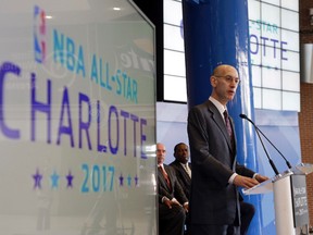 In this June 23, 2015 file photo NBA Commissioner Adam Silver speaks during a news conference to announce Charlotte, N.C., as the site of the 2017 NBA All-Star basketball game. (AP Photo/Chuck Burton, File)