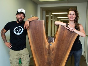 Candice Sheriff and Dan Alonso, of Live Edge Forest, make their furniture and small items from salvaged Ontario trees. (MIKE HENSEN, The London Free Press)