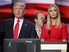 Republican presidential candidate Donald Trump and his daughter Ivanka Trump test the teleprompters and microphones on stage before the start of the fourth day of the Republican National Convention on July 21, 2016 at the Quicken Loans Arena in Cleveland, Ohio. Ivanka will introduce her father before he gives his acceptance speech tonight, the final night of the convention.  (Photo by Chip Somodevilla/Getty Images)