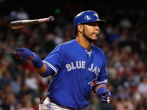 Edwin Encarnacion of the Toronto Blue Jays flips his bat after hitting a home run against the Arizona Diamondbacks during the eighth inning of an interleague game at Chase Field in Phoenix on Aug. 20, 2016. (Christian Petersen/Getty Images)