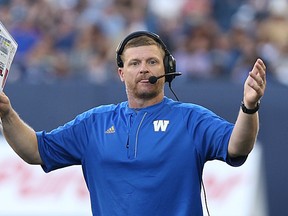 Winnipeg Blue Bombers head coach Mike O'Shea looks for answers against the Calgary Stampeders during CFL action in Winnipeg on Thu., July 21, 2016. Kevin King/Winnipeg Sun/Postmedia Network