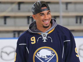 Evander Kane #9 of the Buffalo Sabres participates in the Top Prospects Clinic at the Harborcenter on June 23, 2016 in Buffalo, N.Y.  (Photo by Bill Wippert/NHLI via Getty Images)