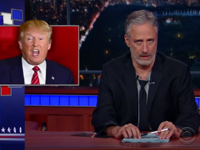Jon Stewart when he took over Colbert's Late Show Desk on Thursday night to talk about Donald Trump (screen grab)