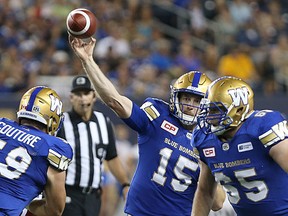 Winnipeg Blue Bombers QB Matt Nichols throws against the Calgary Stampeders during CFL action on Thursday night. Could he be under centre to start next week's game in Edmonton? (Kevin King/Winnipeg Sun)