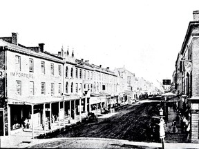 An 1860 image from the same publication, below, shows Dundas Street looking east from Talbot Street. (Photo Courtesy London Public Library)