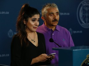 Aluen Navarro-Fenoy (L) and her dad Victor Navarro - make a plea through the media at Toronto Police HQ for those to come forward with info related to her sister's death -  Ariela Navarro-Fenoy, 26 - was gunned after down fleeing from Drake's apres OVO Fest party at Muzik nightclub and on Tuesday, August 4, 2015 on Friday July 22, 2016. Jack Boland/Toronto Sun/Postmedia Network
