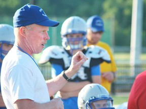 Sudbury Junior Gladiators head coach Kevin Ellsworth makes a point to his charges during practice earlier this week at James Jerome Sports Complex. Keith Dempsey/For The Sudbury Star