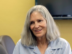 In this April 14, 2016 file photo, former Charles Manson follower Leslie Van Houten confers with her attorney Rich Pfeiffer, not shown, during a break from her hearing before the California Board of Parole Hearings at the California Institution for Women in Chino, Calif. (AP Photo/Nick Ut, File)
