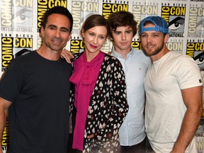 From left to right: Actor Nestor Carbonell, Vera Farmiga, Freddie Highmore and Max Thieriot attend the "Bates Motel" press line at Hilton Bayfront on July 22, 2016 in San Diego, California.  (Photo by Frazer Harrison/Getty Images)