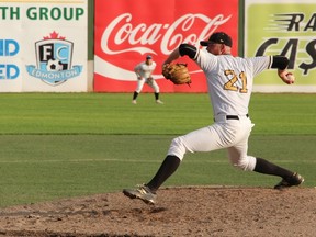 Edmonton Prospects pitcher Noah Gapp sends an offering from the mound earlier this season. The Prospects are trying to clinch a spot in the WMBL playoffs.