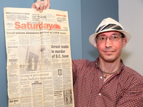 Derek Allair displays a Sudbury Star article about his ejection from a bar in Sudbury, Ont. in 1996. John Lappa/Sudbury Star/Postmedia Network
