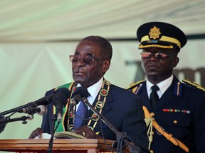 In this April 18, 2016 file photo, Zimbabwean President Robert Mugabe delivers the key note address during Zimbabwe's 36th Independence day celebrations in Harare. Veterans of Zimbabwe's independence war made a significant break with President Mugabe for the first time on Thursday, July 21, 2016, calling him dictatorial, manipulative and egocentric. The Zimbabwe National Liberation War Veterans Association has been a pillar of support for the 92-year-old leader for decades, but it released a statement criticizing the man it had long been quick to defend.