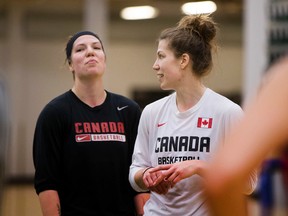Katherine Plouffe, left, and sister Michelle Plouffe practice with the Canadian National Women's basketball team at the Saville Centre on May, 24 2016 in Edmonton. The two Edmontonians are heading to the Rio Olympics.
