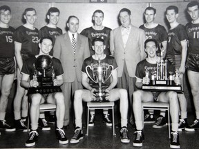 The 1952 Tillsonburg Livvies. In the front row, left to right, are: Harry Wade, Red Curren and Tommy Gibbons. In the back, are: Bobby Simpson, Bob Phibbs, Woody Campbell, Manager Bud Redmond, player-coach Paul Thomas, sponsor Gerry Livingston, Bill Coulthard, Chuck Dalton and Gord Davidson. (Courtesy of Annandale National Historic Site, Tillsonbur)