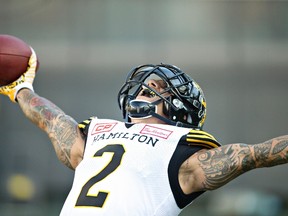 Hamilton Tiger-Cats Chad Owens celebrates against the Edmonton Eskimos during second half CFL action in Edmonton, Alta., on Saturday July 23, 2016. The Tiger-Cats won 37-31.