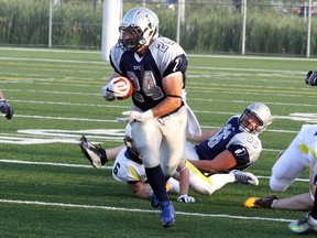 Sudbury Spartans running back Scott Smith (24) carries the bacll during Northern Football Conference action against the Sault Steelers at James Jerome Sports Complex in Sudbury on Saturday,  July 23, 2016. Ben Leeson/The Sudbury Star/Postmedia Network