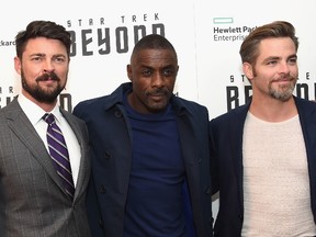 (L-R) Karl Urban, Idris Elba and Chris Pine attend the "Star Trek Beyond" New York Premiere at Crosby Street Hotel on July 18, 2016 in New York City.  (Photo by Jamie McCarthy/Getty Images)