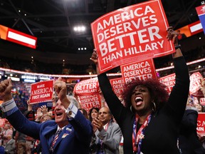 California delegate Shirley Hussar, right and her fellow delegates cheer during the third day session of the Republican National Convention in Cleveland, Wednesday, July 20, 2016.