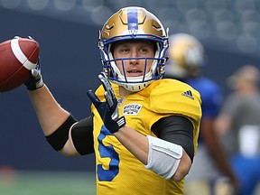 Winnipeg Blue Bombers QB Drew Willy throws during practice at Investors Group Field in Winnipeg on Sun., July 23, 2016. Kevin King/Winnipeg Sun/Postmedia Network