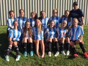 The North Huron Nexus won their third straight West Middlesex Youth Soccer League (WMYSL) U16 Challenge Cup on July 16. Pictured here, back row from left to right, Brooklyn Bean, Jamie Pritchard, Brynn Lewis, Josephine Noel, Shannon Squire, Neeliah Lewis and head coach Ray Lewis. Front row from left to right, Kylie Kroll, Fiona McIlhargey, Shea Frayne, Kendra Menchenton, Sarah Strickland and Masi Frayne. (Contributed photo)