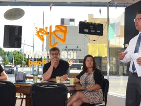 A small group of employers, employees, entrepreneurs and summer students gathered at BJ's Ice Cream Emporium in Mitchell last Wednesday, July 20 for the fifth of 10 round table discussions in the Perth-Wellington riding on jobs and the economy hosted by MP John Nater (right). GALEN SIMMONS/MITCHELL ADVOCATE