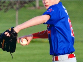 Jake Monden of the Mitchell Bantam OBA team follows through on a throw to first. GALEN SIMMONS/MITCHELL ADVOCATE