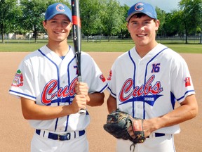 Tyler Pauli (left) and Derek Elliott not only hit 3rd and 2nd in the batting order for Stratford Cubs, but play second base and shortstop, respectively. The two local players are key cogs of the Cubs’ entry as they try and defend their U21 Men’s Canadian Fastpitch championship which takes place Aug. 2-7 in Tavistock. ANDY BADER/MITCHELL ADVOCATE