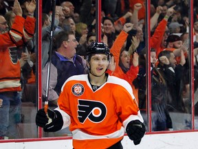 Philadelphia Flyers' Brayden Schenn reacts after scoring during the second period of a game against the Calgary Flames in Philadelphia on Feb. 29, 2016. (AP Photo/Tom Mihalek)