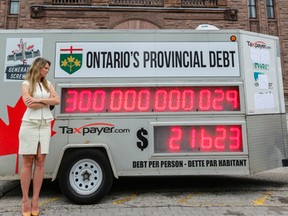 Christine Van Geyn, Ontario director of Canadian Taxpayers Federation, looks on as the provincial debt clock turns over the $300 billion mark at Queen's Park in Toronto on Monday, July 25, 2016. (Dave Thomas/Toronto Sun)