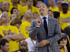 Cleveland Cavaliers head coach Tyronn Lue gestures during Game 7 of the NBA Finals against the Golden State Warriors in Oakland, Calif., Sunday, June 19, 2016. (AP Photo/Marcio Jose Sanchez)