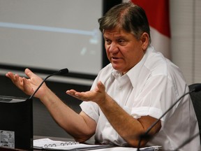 Councillor Jim Karygiannis facesa large number of people at City Hall regarding cannabis dispensaries in Toronto on Monday, July 25, 2016. (Dave Thomas/Toronto Sun)