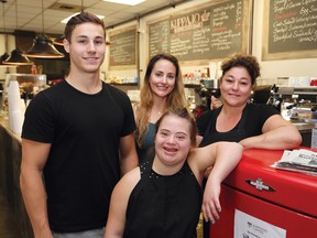 The Kuppajo Espresso Bar team includes Noah Serre, left, Jasmine Serre, Jade Gribbons, and owner Betty-Ann Serre. The business, which is located at Larch Street in Sudbury, Ont., is launching the Suspended Coffees program. John Lappa/Sudbury Star/Postmedia Network