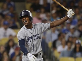 San Diego Padres' Melvin Upton Jr. reacts after striking out during the eighth inning of a baseball game against the Los Angeles Dodgers on July 7, 2016, in Los Angeles. (Jae C. Hong/The Associated Press)