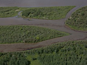 Oil is seen on the North Saskatchewan river near Maidstone, Sask on Friday July 22, 2016. Husky Energy has said between 200,000 and 250,000 litres of crude oil and other material leaked into the river on Thursday from its pipeline. THE CANADIAN PRESS/Jason Franson