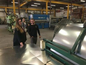 Labour Minister Christina Gray visited the VETS Group sheet metal shop in Edmonton Tuesday to promote the Canada-Alberta Job Grant, a cost-sharing program to encourage employers to invest in training courses for employees. SUPPLIED